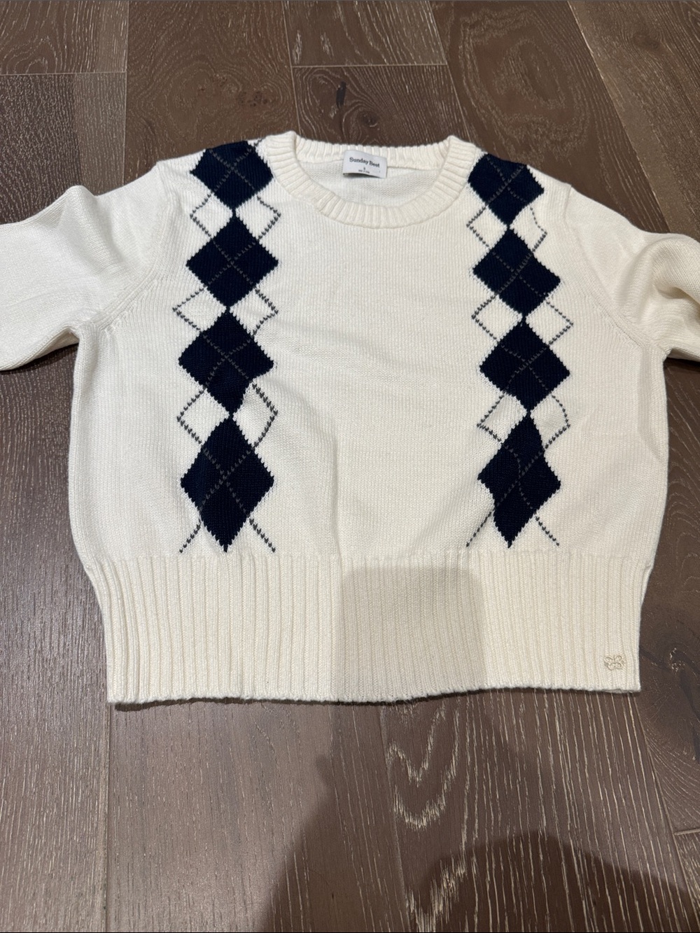 Sunday Best White Crewneck Sweater with Navy Argyle
